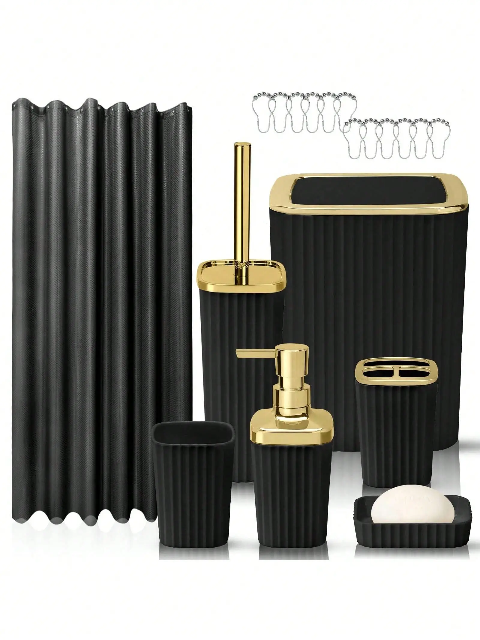 Black/White Bathroom Set - 8pcs Bathroom Accessories Set, Bathroom Sets with Shower Curtain and Rugs, Soap Dispenser, Soap Dish, Toilet Brush Holder and Hook for A Moving or Vacation Gift at Home