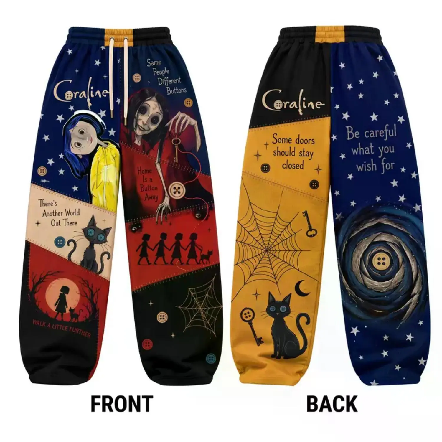 Unisex Gothic Spooky Button Graphic Wide Leg Jogger Pants, Horror Patchwork Cartoon Lounge Pants, Streetwear