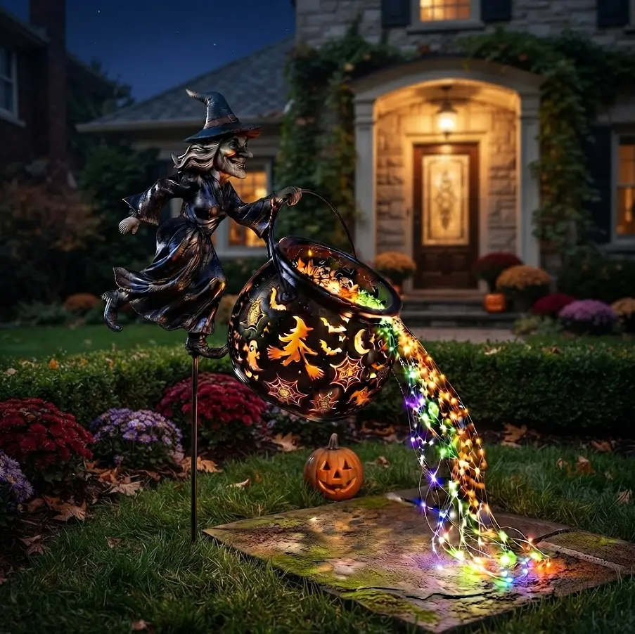 Witch Cauldron Garden Stake with Multi-Color LED Cascade Lights – Spooky Halloween Outdoor Yard Decor, Light-Up Witch Pouring Magic Pot Statue for Lawn, Garden, Walkway, Weather-Resistant Holiday Ornament for Trick-or-Treaters & Festive Curb Appeal