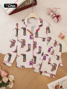 Women's Shoes Print Top & Pants Pyjama Set, Casual Comfy Long Sleeve Lapel Neck Top & Trousers Pyjama Set, Ladies Sleepwear for Spring & Fall, Casual Comfy Pajama