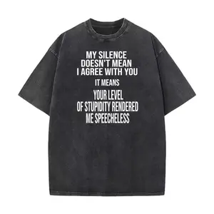 Women's Funny Satirical Graphic T-Shirt, "My Silence Doesn't Mean I Agree" Print, 100% Cotton Fabric, Round Neck, Short Sleeve, Loose Fitted, Black Background White Words, Casual Daily Top, Machine Washable summerwins,summerwins