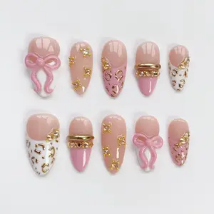 PINK GLAM BOW | 3D Coquette Press On Nails | Gold Leopard Print Bangle Fake Nails | Y2K Glam Princess Aesthetic | Custom Long Almond Set 2026