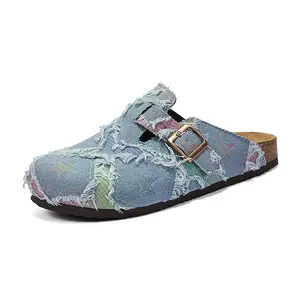 Patchwork Denim Clogs for Women, Slip-On Buckle Cork Footbed Mules Casual Comfort Shoes