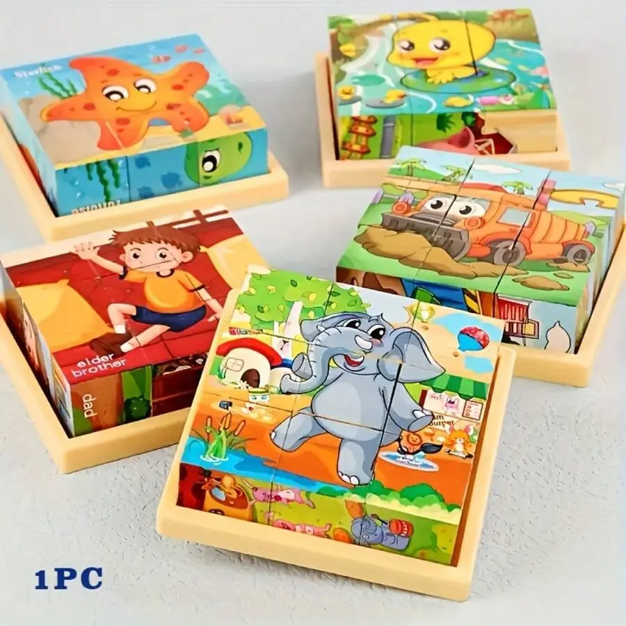9-Piece Six-Sided Children Early Education Wooden Puzzle, Animal Shape Puzzle, 3D Cartoon Building Blocks Toy, Educational Toys for Boys & Girls, Puzzles for Toddlers, Montessori Puzzles Gift, Halloween Christmas Gift