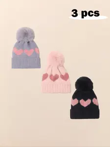 3pcs Baby Boys & Girls Newborn Toddler Pom-Pom Beanie, Cozy Knit Winter Warm Heart Design, Cute Babies Beanies Bonnet Hats for Kids Knitting Beanie