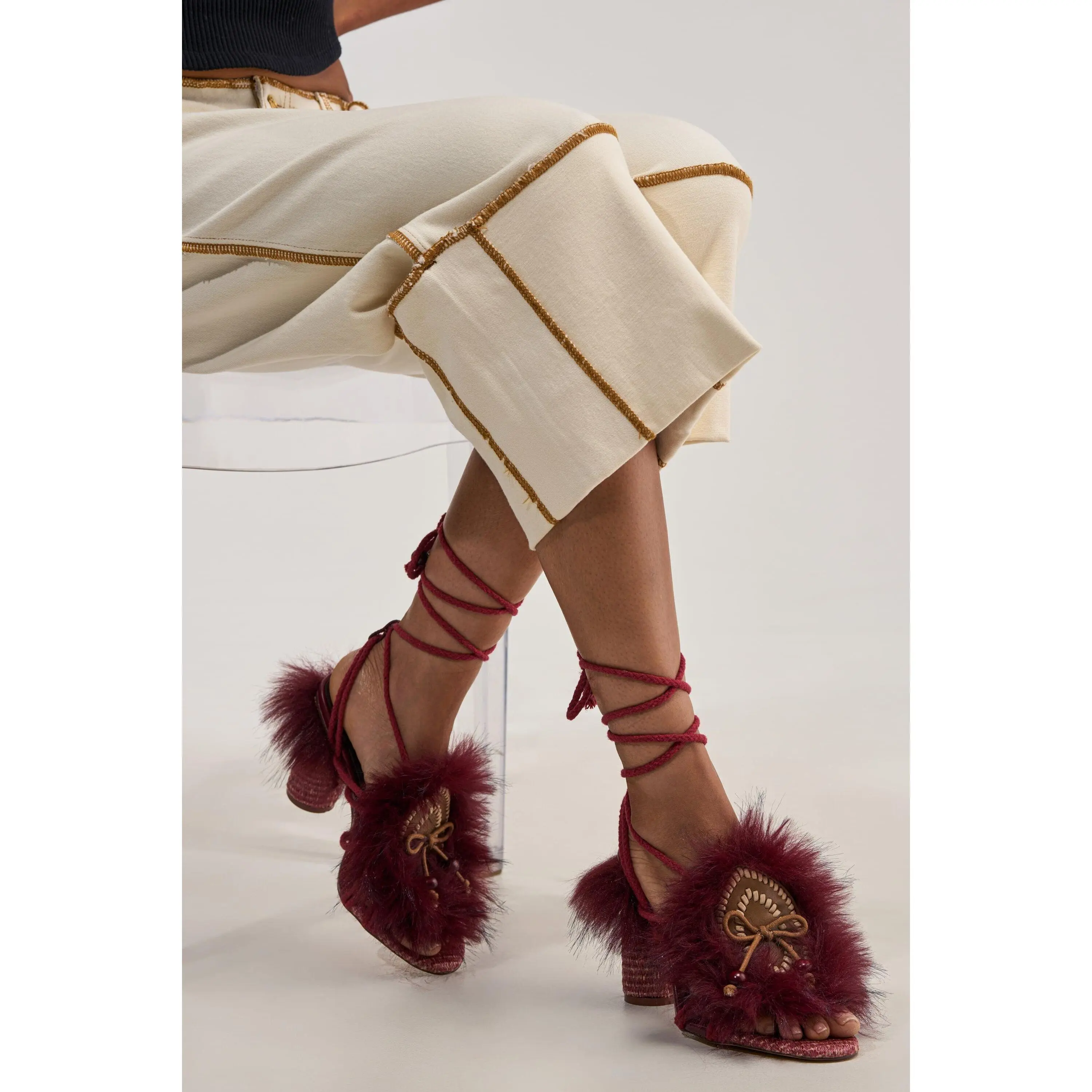 AKIRA GOLD UMIKA BURGUNDY FUR SANDAL