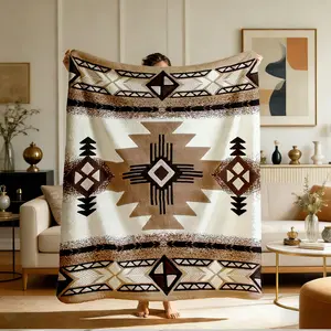 Comfortable Aztec Bohemian Print Flannel Blanket, Soft Warm Anti-Pilling, Ideal for Nap, Camping, Travel, All Seasons Gift, Flannel Throw Blankets