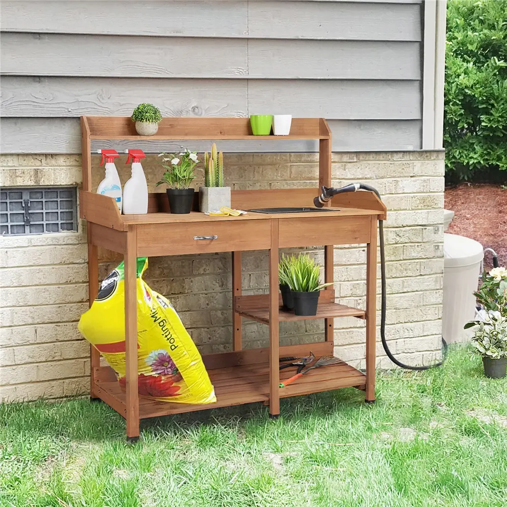 Costoffs All-in-One Garden Potting Bench with Sink & Tool Drawe, Solid Wood Work Bench Station with Storage Racks for Patio & Backyard,outdoorfurnitureset
