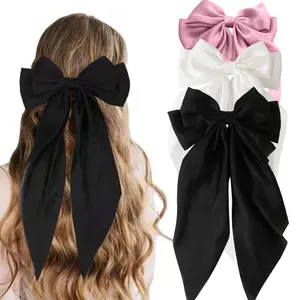 3Pcs Big Hair Ribbons Bow Silky Satin Hair Bows Long Tails Hair Bow Barrettes Metal Cute Hair Clips Hair Barrettes Hair Accessories for Women