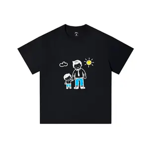 Minimal Doodle T-Shirt, Clean Line Drawing Father And Son Holding Hands With Smiling Sun Cloud Blue Jean Accent Graphic Tee, Soft Cotton Daily Top women short sleeve printed