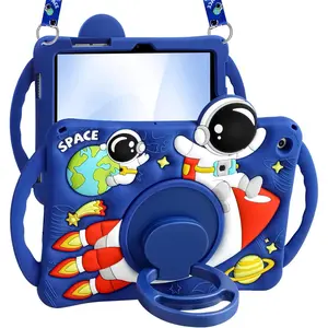for Samsung Galaxy Tab A9 Plus Case - Cute Boys Cartoon Soft 3D Astronaut Spaceship Silicone Case with Strap & Rotating Stand for Girls Teens Tablet Cover for Samsung Tab A9+