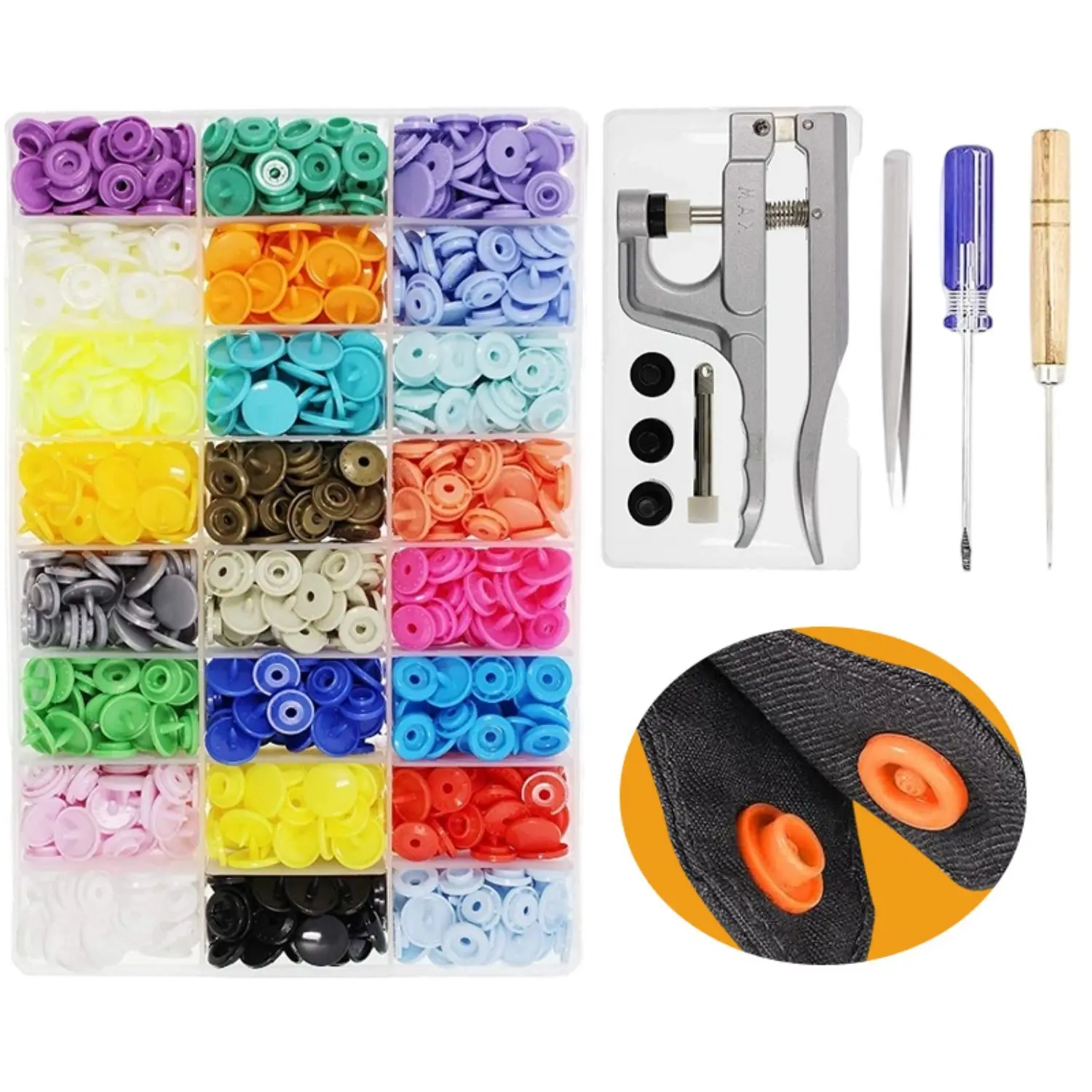 384 Sets 24 Color Snaps Buttons Starter Fasteners Kit,Including Snap Pliers,Plastic Fasteners Punch Poppers Closures No-Sew Buttons for Crafts Cloth Diaper Bibs,Christmas Party Gifts,Hand Tools Kits