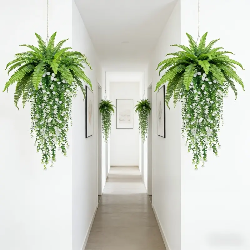 4pcs Artificial Boston Fern Camellia Wall Hanging Decor, Maintenance-Free Outdoor Garden Wedding Decor for Spring Valentines Day, Modern Home Gift Cotton Woven 3-Tier Macrame Tapestry Boho Chic
