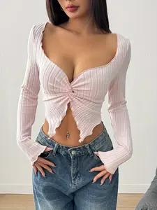 Women's Sweet Heart Neckline Top, Pure Color Ribbed Twist Knot Design, Long Sleeve Slim Fit, Spring Summer Chic Fashion