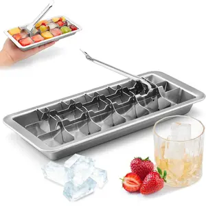 Metal Ice Cube Tray, Stainless Steel Ice Cube Tray, Metal Ice Cube Tray for Freezer, 18-Slot Retro Design, Clean and Hygienic, Suitable for Bars, Kitchen Ice Making, Dishwasher Cleaning Safe