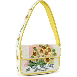 STAUD Women's Tommy Bag - Beaded Zebra Stripes Floral Pattern Adjustable Strap Leather Trim Shoulder Bag