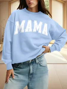 Women's Mama Letter Print Crew Neck Sweatshirt, Loose Fit Cotton Pullover, Casual Fall & Winter Wear, Comfortable Daily Tops
