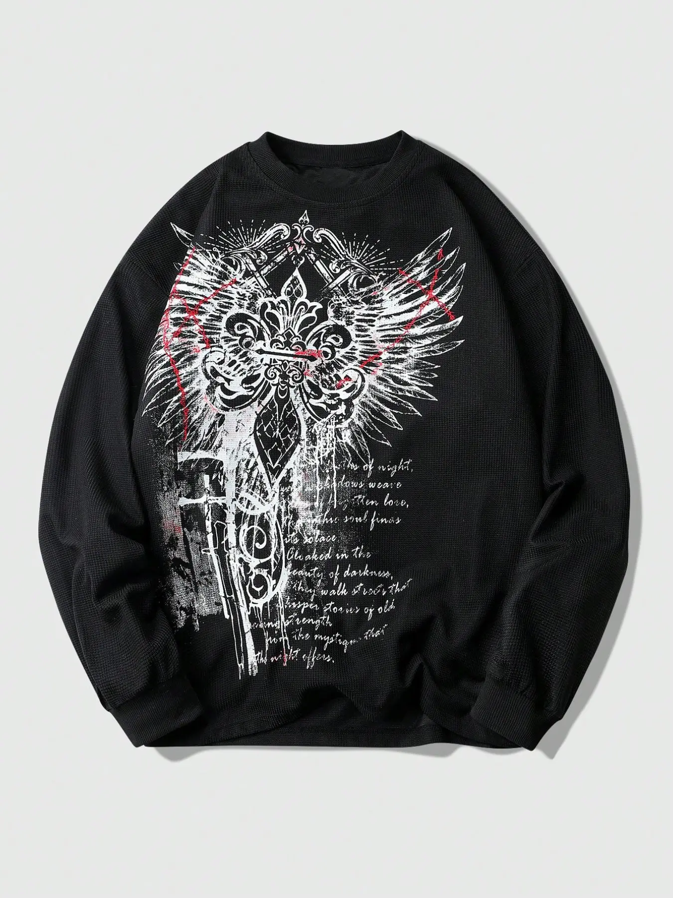 Men's Waffle Fabric Gothic Cross Print Pullover Sweatshirt, Casual Fall Winter Wear, Daily Fashion, Comfortable and Stylish