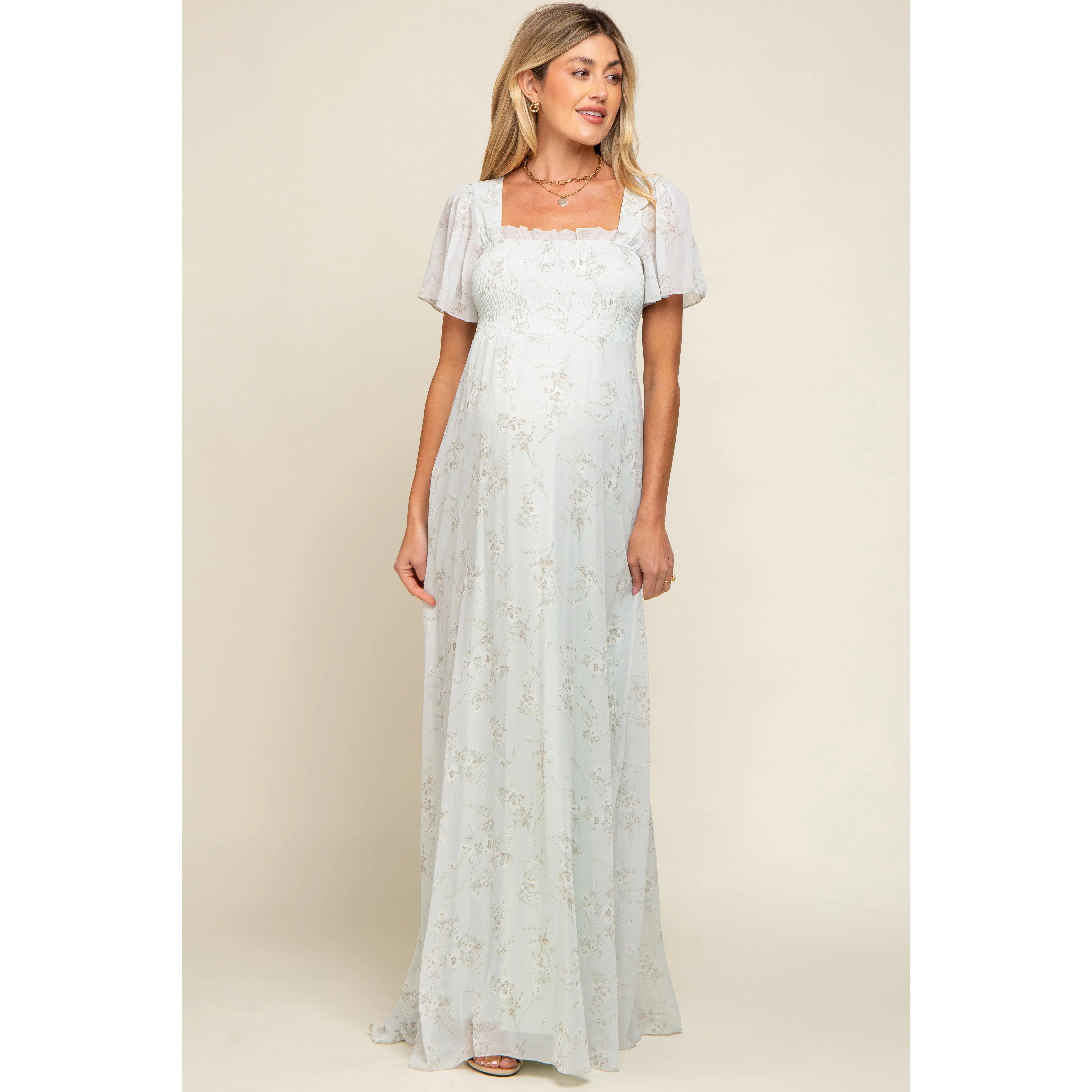 Mint Green Floral Smocked Chiffon Maternity Maxi Dress