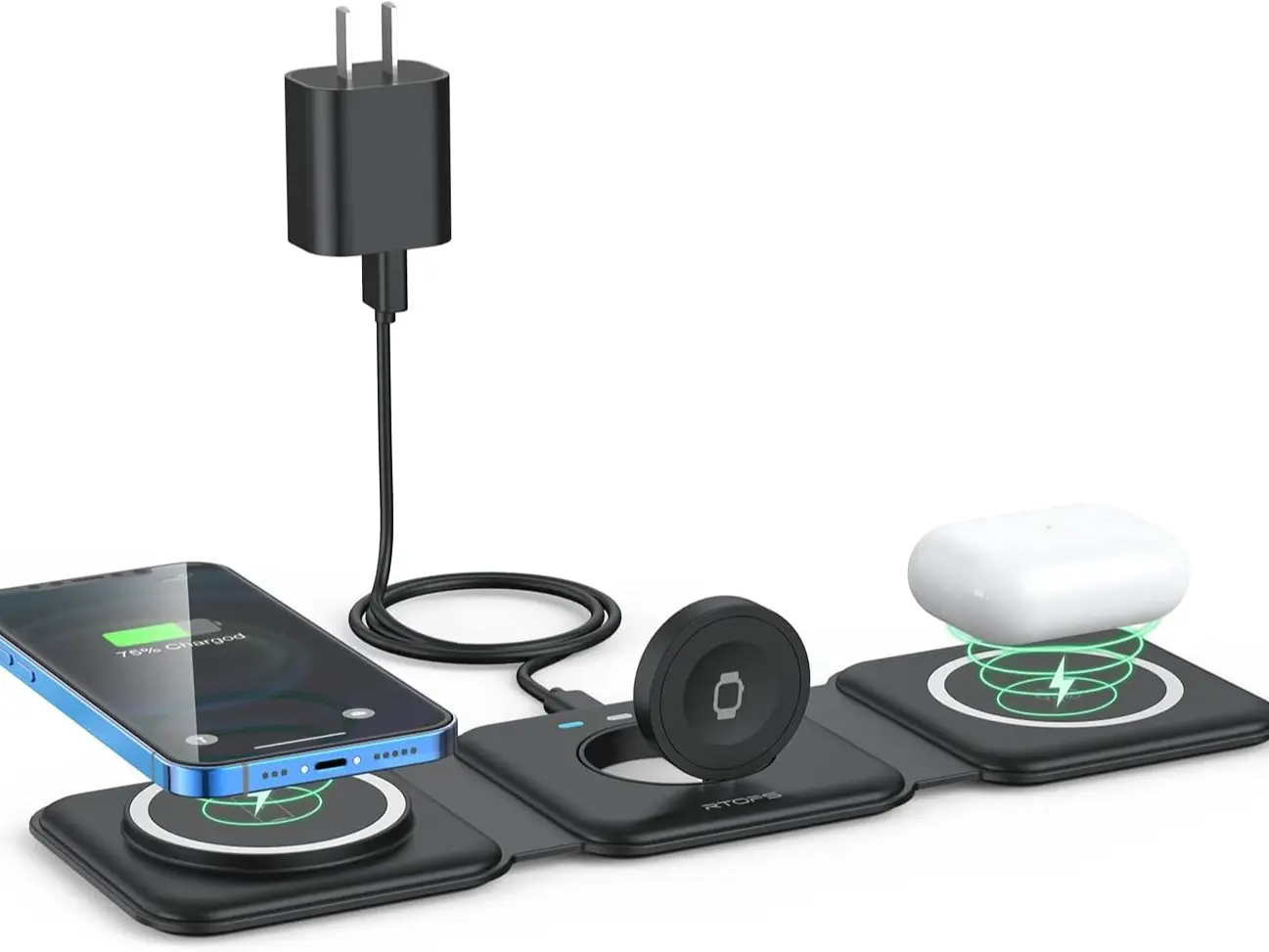 Wireless Charger 3 in 1,RTOPS Magnetic Travel Wireless Charging Station Multiple Devices,GaN 3 in 1 Charging Station,Compatible for iPhone16/15/14/13/Pro/Max,iWatch,AirPods4/3/2/Pro(Adapter Includes)