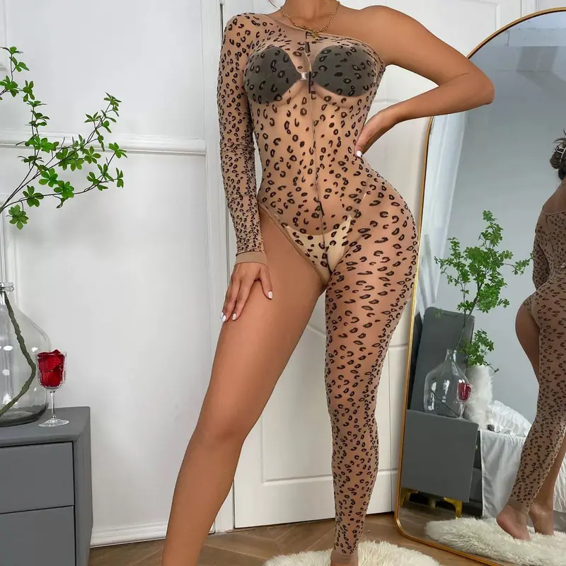 Women's Chic 1-Piece Long Sleeve Animal Print Bodysuit - 1-Shoulder Sheer Mesh Lingerie, Leopard Teddy Jumpsuit, Skin-Tone See-Through Underwear