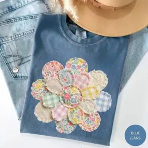 Comfort Colors Faux Quilted Patchwork Daisy T-shirt, Vintage Floral Graphic Tee For Women, Cottagecore Flower Top, Apparel Made In The USA		