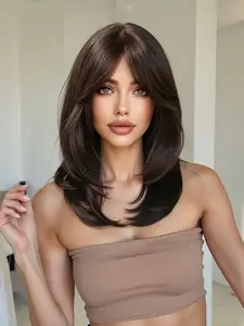 20 Inch Deep Straight Wig with Bangs, Medium Length Layered Hair for Women, Natural Look Fashion Accessory for All Seasons, Seasonal Adaptability, Natural Looking Wigs