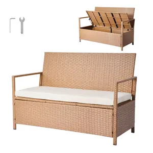 VEVOR Outdoor Storage Bench, Summervibes,Summervibes, 2-Person PE Rattan Storage Bench, 70 Gal Deck Box with Cushion, Supports up to 265 lbs, Outdoor Seating & Porch Decor for Patio Garden Balcony Yard