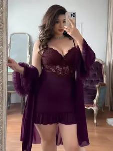 Lace Sheer Camisole Set Sexy lingerie suspender mesh jumpsuit lace pajama set Large size women's solid color elegant sexy comfortable mesh lace splicing bow thin shoulder strap nightgown+wide sleeved nightgown sleepwear home suit set