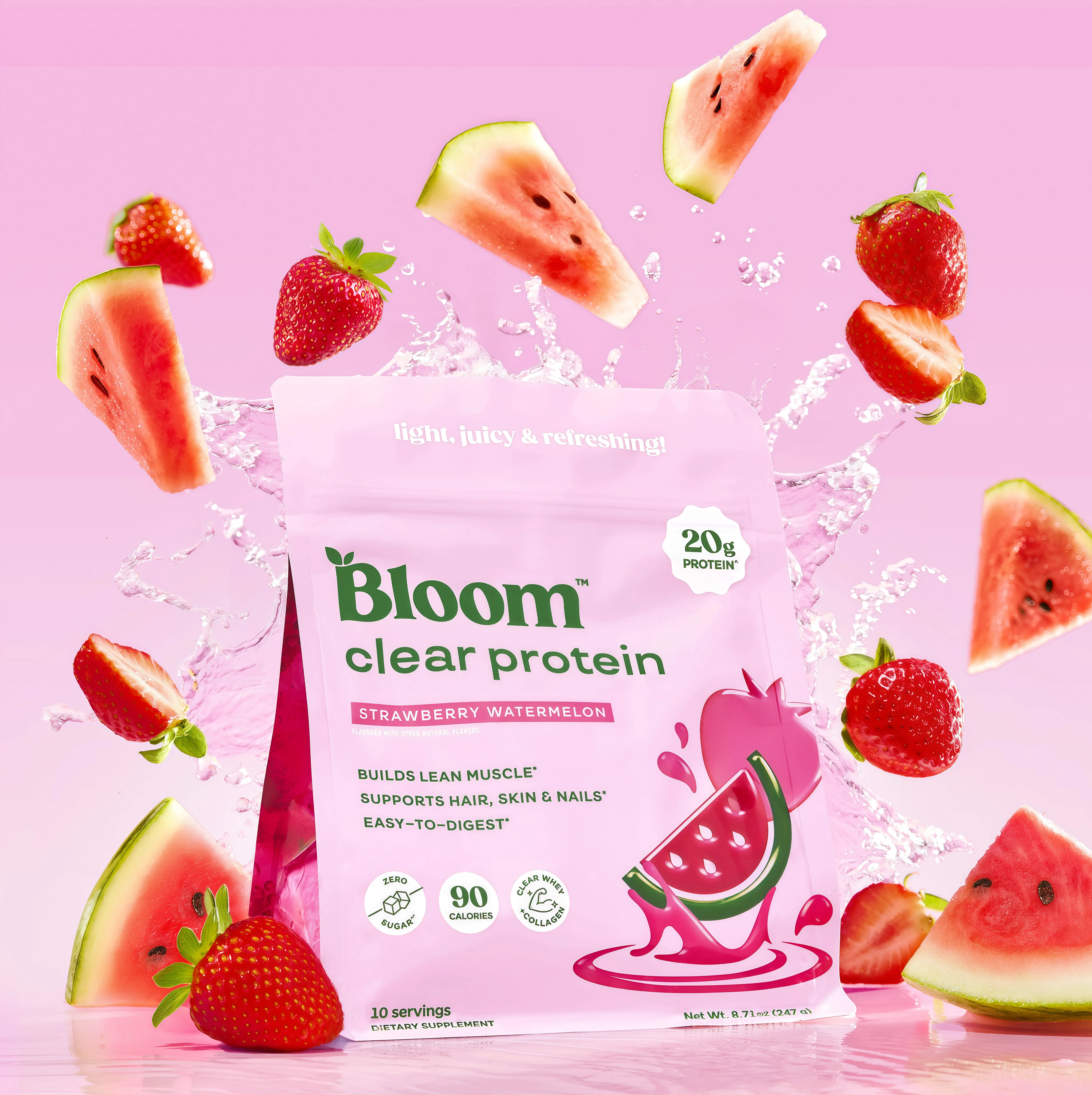 Bloom Nutrition Clear Protein Powder, AA Strawberry Watermelon Flavor, 20g Whey Collagen Protein, Zero Sugar, 90 Calories, 10 Servings