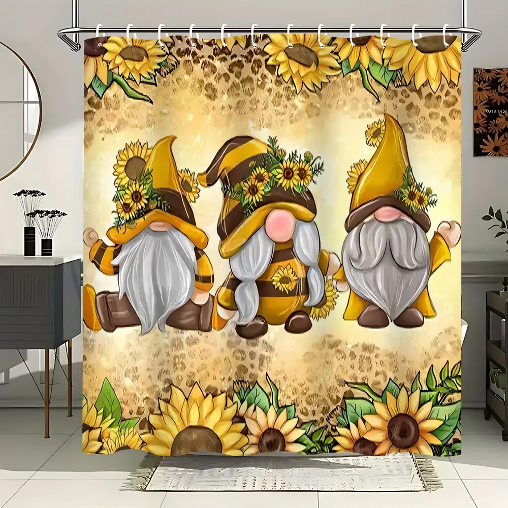 Cute Sunflower Gnome Shower Curtain Boho Floral Print Bath Curtains Extra Large 70.8x70.8 Inch Durable Polyester Fabric Included & 12 Hooks for Easy Hanging  Window Curtain,Bathroom Decoration Home Decor,Ideal Christmas Gift,Washable Waterproof