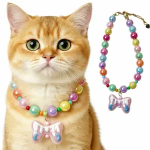 Pet Necklace Set, Rainbow Beaded Collar & Pendant, Suitable for Cats Dogs, Daily Wear Accessory, Festive Pet Jewelry