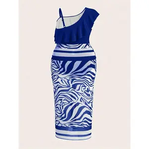 Women One Piece Swimsuit - One Shoulder Bathing Suits blue zebra Sexy Cutout Mesh Swimwear