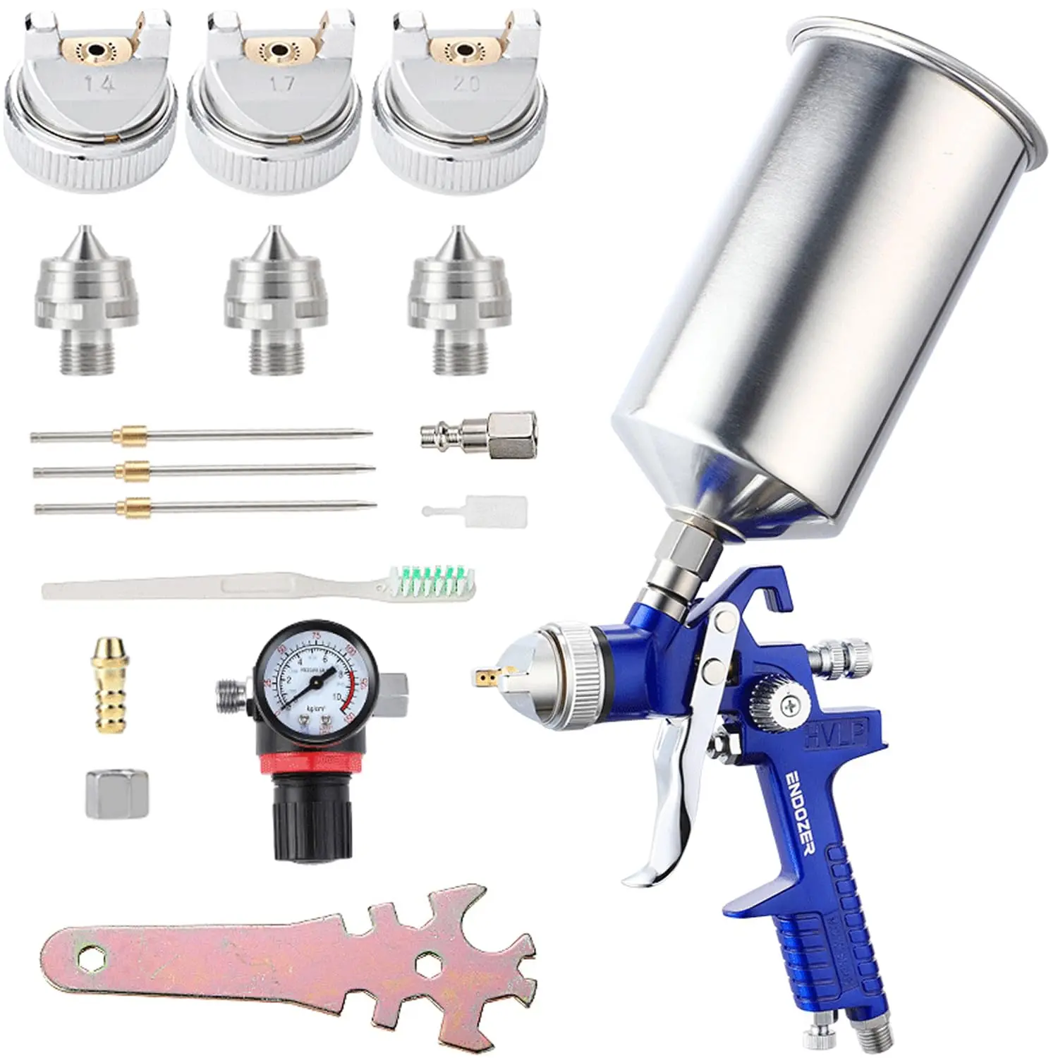 ENDOZER Professional HVLP Gravity Feed Air Spray Gun Set - 1.3/1.5/1.8mm Brass Nozzles, 1000cc Aluminum Cup, 1/4" NPT Inlet, 10%-30% Paint Savings for Auto Hood, Mural Painting, Base Coatings (Blue), Stainless Steel