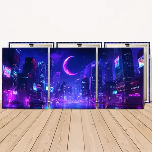 3 Counts Wooden Framed Canvas Painting, Cyberpunk Neon City Nightscape Images, Exquisite Poster, Perfect Living Room Decoration, Modern Art, Fashion Family Poster, Wall Art Decoration, Waterproof Art, Modern Art Design