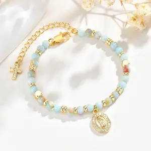 Women's Natural Gemstone Virgin Mary Bracelet Dainty Catholic Virgen De Guadalupe Cross Beaded Jewelry Faith Confirmation Baptism First Communion Gifts for Women