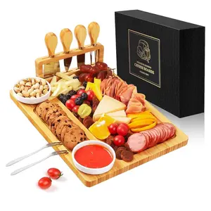 Bamboo Charcuterie Board Gift Set - Serving Meat Cheese Board with 4 Stainless Steel Cheese knives for New Home, Christmas Gifts