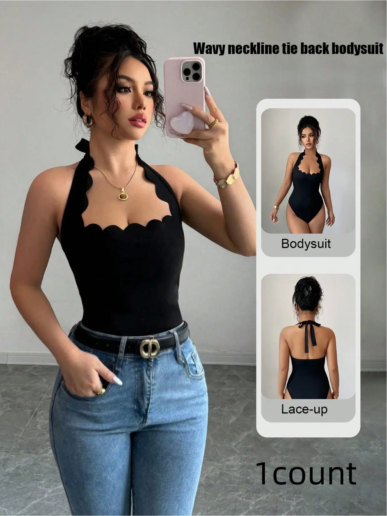 Elegant Women's Wavy Neck Tie Back Jumpsuit, Fashionable All-Season Wear, Versatile & Trendy Design, Perfect for Casual, Bust Bodysuit