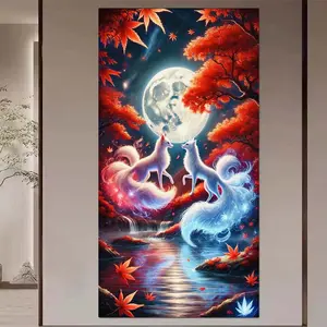 1 set of DIY diamond painting kit, 5D diamond art kit, DIY decoration of moon, nine-tailed fox, red leaves mosaic, diamond art, DIY art home decoration.