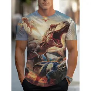 Men'S Prehistoric World Graphic T-Shirt - Stylish 3D Printed Short Sleeve Tee with Raptors and Dinosaur Scene - Comfortable and Eye-Catching Design for Summer Adventures, Summer Adventure Gear |     Vibrant Dinosaur Print |     Comfortable Fit, Dinosaur S