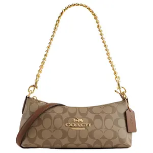 Coach Charlotte 25 Leather Baguette Shoulder Bag with Gold Logo and Chain Strap for Women in Medium Brown