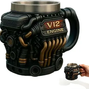 Creative Engine Coffee Mug, V12 Engines Stainless Steel Cup, Retro Personalized Double Wall Insulation, Car Mug for Enthusiasts and Engineers