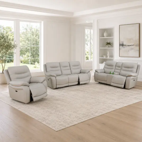 Top Grain Genuine Leather Power Reclining Sofa Set, 3-Piece Living Room Furniture with USB Ports, Storage Console and Cup Holders, Light Grey