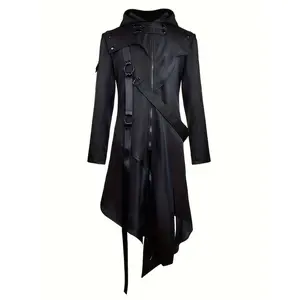 [Gothic | Punk] Black Hooded Unique Gothic Mid-Length Punk Coat | New for Men | Suitable for Halloween in Western Style