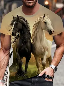 Men's Sport Outdoor Horse Pattern Printed Short Sleeve Summer Top, Fitted Casual Streetwear, All over Print, Long Clothing