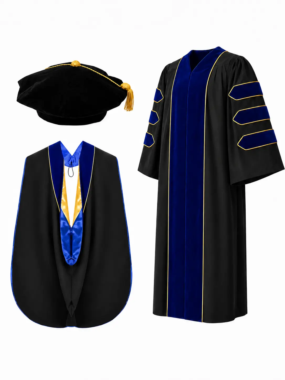 Deluxe Graduation Doctoral Gown Doctoral Hood and Tam 8 Sided Package with Gold Piping Doctoral Regalia