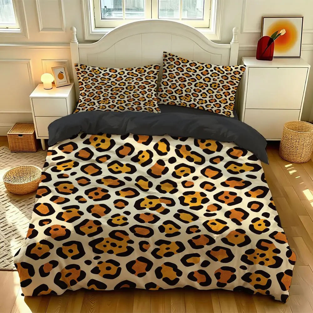 Coffee Color Leopard Print Bedspread Set, Breathable and Super Soft, Includes 1 Bedspread and 1-2 Pillowcases, Suitable for All Seasons
