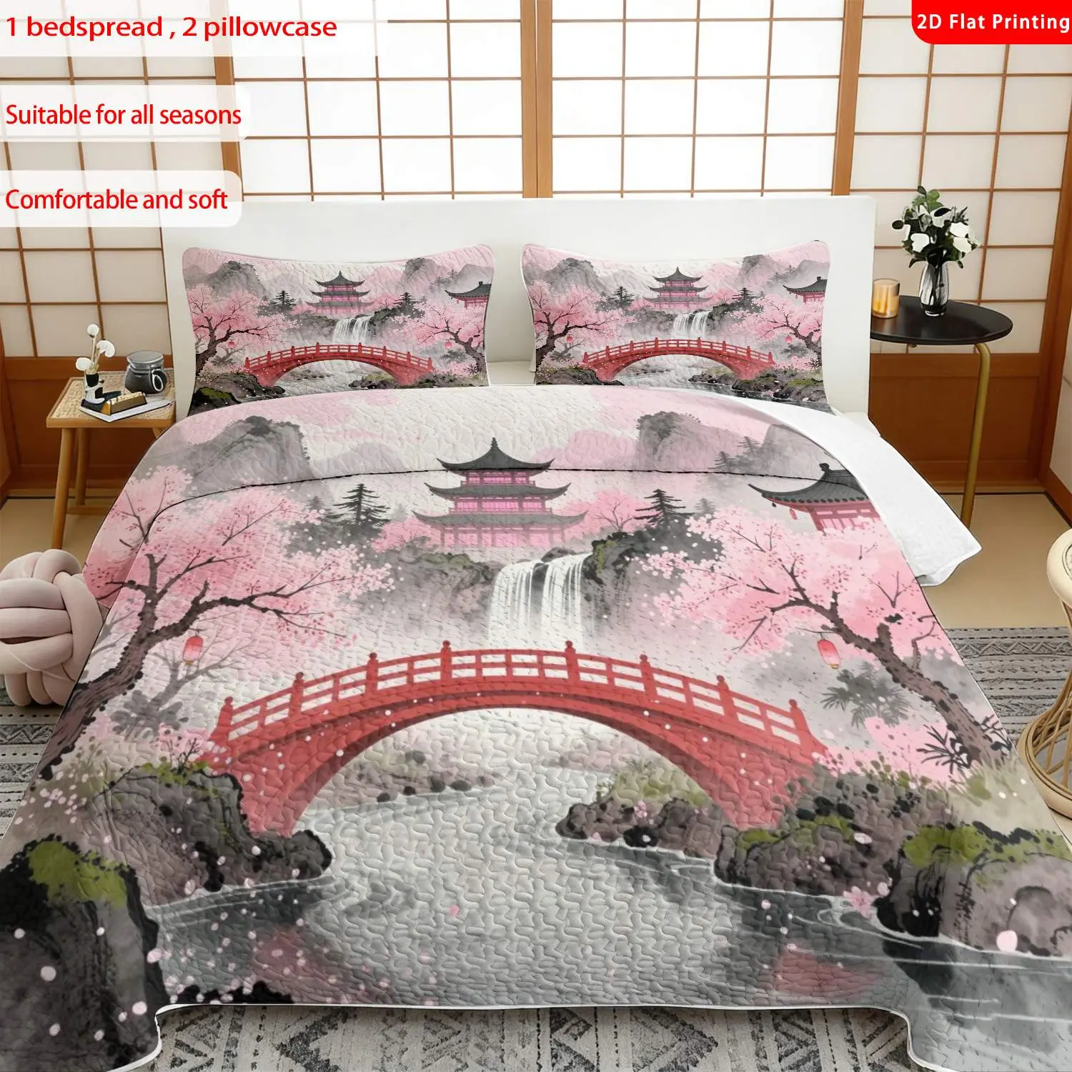 3 pcs, 2D flat print Chinese Zen style bed cover set, cherry blossom bridge landscape theme, multiple sizes available, bedding set, festive decorative bedding, ideal for bedroom decor(1 bedspread , 2 pillowcases)