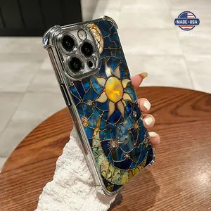 Vintage Moon and Sun Pattern Four Comers Air Cushion Anti-drop phone case Suitable for iPhone 16 15 14 13 12 11 Pro Max Plus electroplated anti drop case Screen Protector Protection Protective Cover Smartphone Casing Cellphone Shockproof