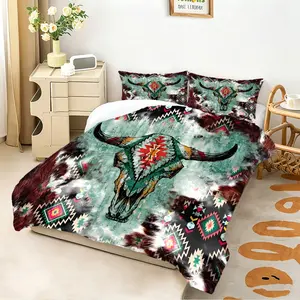 [Comforter Set] 2/3pcs Boho Aztec Bull Skull Pattern Comforter Set | Twin/Full/Queen/King Size, Soft Lightweight Bedding Set for All Seasons, Stylish Southwestern Room Decor, Cozy Bedding Collection for Home RefreshPillow Insert Not Included